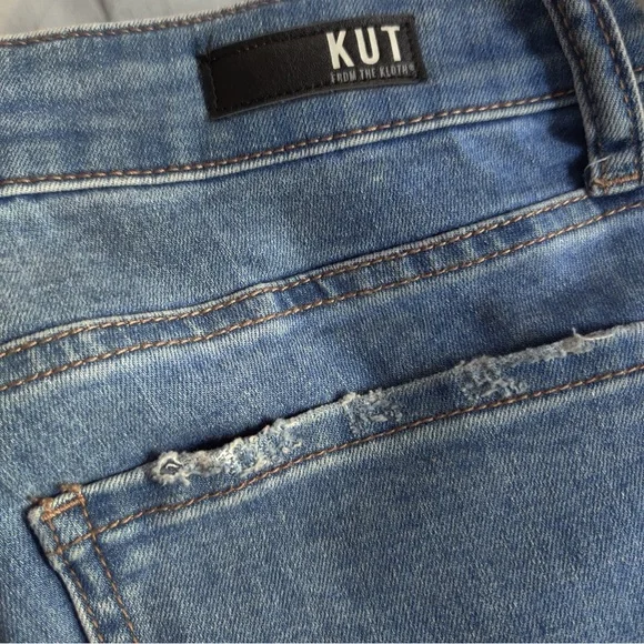 Kut from the Kloth Kelsey High Rise Ankle Flare Jeans 8 Two Tone Blue Ripped Hem - Picture 11 of 12
